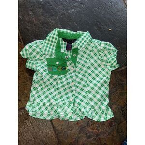 COOGI Baby Girls Top Green Check Ruffle Hem 6 9 Mo Snap Logo Pocket